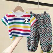 儿童夏季套装纯棉条纹，短袖t恤薄款防蚊裤长款童装宝宝两件套