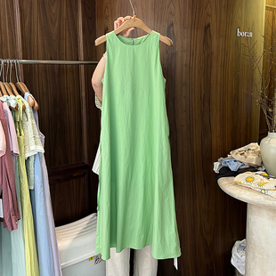 十三行女装2024夏款小众浅绿色无袖，背心裙宽松垂感叠穿连衣裙女