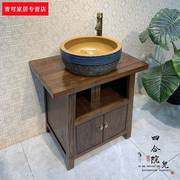 老榆木中式浴室柜，组合实木小户型卫生间落地式复古洗手台盆柜组合