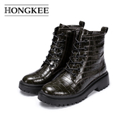 Hongkee/红科女靴2021冬牛皮石头纹短筒靴单靴子HB51Z402