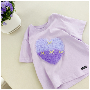 设计师款110-160码女童夏季气质紫色，短袖t恤纯棉拼色爱心蝴蝶结