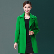 秋冬韩版双面羊绒大衣女中长款西装领时尚休闲宽松绿色绵羊毛外套