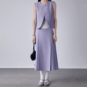 GNY韩系时尚OL风紫色两件套 无袖马甲女外套+a字百褶半身裙1150TZ