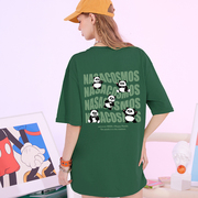 纯棉墨绿色短袖t恤女情侣装美式复古多巴胺上衣夏熊猫(夏熊猫)印花纯棉ins
