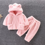 儿童秋冬季法兰绒套装宝宝，睡衣家居服保暖连帽外穿两件套2023