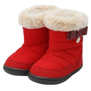 2021冬季女童红色雪地靴子，韩版洋气女宝宝中筒靴保暖魔术贴靴