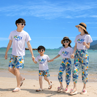 亲子装夏装一家三口四口三亚海边度假洋气母女装沙滩旅游拍照套装