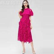 香港夏季玫红色荷叶边收腰，长裙奢华大牌礼服蕾丝雪纺连衣裙女