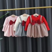 女童连衣裙春秋薄款婴儿童，宝宝格子假两件花苞，公主裙子0一1-3-4岁
