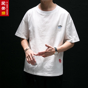 中国风亚麻t恤男短袖，潮流刺绣棉麻，上衣复古潮牌男装中袖体恤夏季