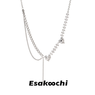 Esakoochi银色爱心骨头项链流苏锁骨链气质甜酷