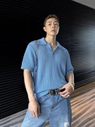 镂空polo领短袖t恤男夏季设计感透视时尚，性感宽松休闲针织上衣