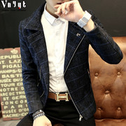 秋季男士休闲个性短版风衣，2023英伦格子夹克潮流，韩版修身时尚外套