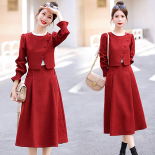 秋季女装时尚打底纯色优雅收腰酒，红色黑色长袖中长裙假两件连衣裙