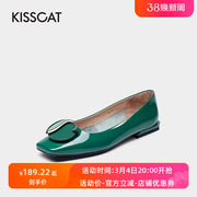 kisscat接吻猫春秋季牛，漆皮方头优雅一脚蹬，平跟单鞋女ka21105-11