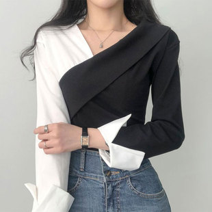 韩国chic春季法式小众撞色拼接假两件不规则设计感长袖衬衫上衣女