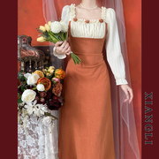 巷里法式复古连衣裙秋季长袖橘色拼接宫廷显瘦气质优雅小礼服长裙