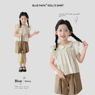 蓝小爸女童娃娃衫，2024夏季儿童，甜美条纹上衣宝宝韩版花边短袖