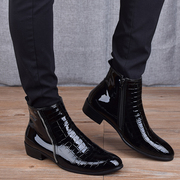 男式韩版潮流尖头短靴漆皮高帮皮鞋青年时尚亮面皮靴型男靴子
