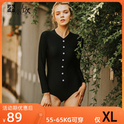 夜空李小饭黑色泳衣女连体，显瘦韩国性感遮肚防晒长袖游泳衣