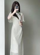 白色雪纺绣花倒大袖旗袍，2023年夏季新中式国风少女温婉淑女连衣裙