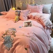 公主风紫色床裙花边刺绣水洗，棉床上四件套，少女儿童小女孩床单被套