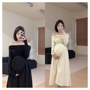 2024年孕妇装长袖一字，领纯色拼接长袖，外穿连衣裙韩版女孕妇裙