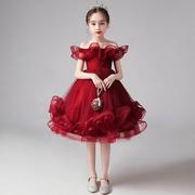 儿童礼服公主裙洋气红色，蓬蓬裙钢琴演奏女童，模特走秀演出服装秋季