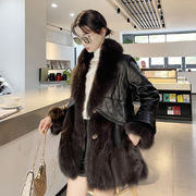 仿狐狸毛皮草(毛皮草)外套，中长款拼接皮衣韩版修身2022冬季黑色女装潮
