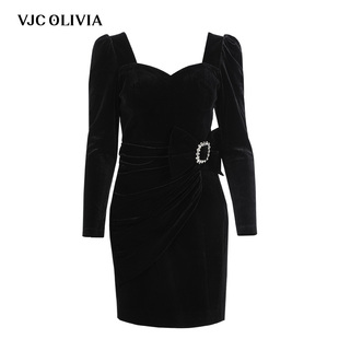 vjcolivia2023秋冬法式黑色丝绒，方领连衣裙高腰包(高腰包)臀裙女装