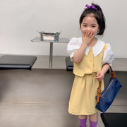 女童小香风短袖套装韩国夏季泡泡袖上衣半身裙两件套