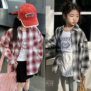 童乐鱼童装2024春季韩版洋气格子，长袖衬衫女童衬衣两件套2723