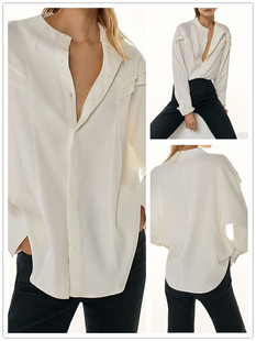 西班牙单设计(单设计)感荷叶边袖雪纺长袖衬衫，加厚圆领白色时尚女休闲上衣