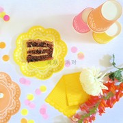 黄色主题派对布置生日甜品台装饰蛋糕碟围边蕾丝花瓣纸盘纸杯纸巾