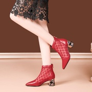 真皮大码女靴米白色红色靴女婚鞋粗跟高跟短靴网靴单靴凉靴 PLGZ