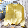 黄色镂空短款毛衣开衫，女宽松外穿春季2023日系甜美针织衫上衣