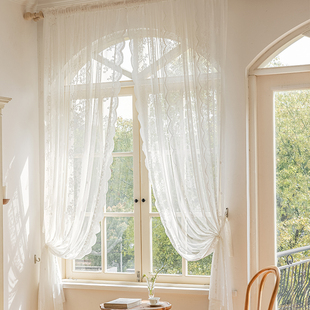 免打孔魔术贴穿杆窗帘窗，纱帘法式白色蕾丝，客厅阳台飘窗门帘短隔断