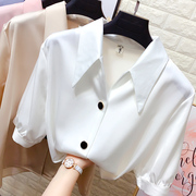 尖翻领真丝职业衬衫，女夏季气质醋酸，缎面短袖衬衣白色雪纺上衣