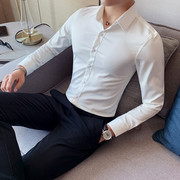 韩版男士修身长袖衬衫型男简约商务休闲白色衬衣潮男大码打底上衣