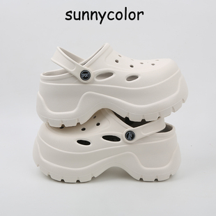 sunnycolor厚底洞洞鞋女夏季外穿2024松糕增高跟沙滩凉鞋拖鞋