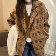 格子双面羊绒大衣女中长款2023年韩版双排扣西装领羊毛呢外套