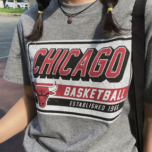 BF公牛队复古篮球字母印花浅灰色宽松纯棉学生运动球衣短袖T恤女