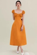 越南设计师气质橘色褶皱肩带长裙女收腰显瘦法式吊带连衣裙