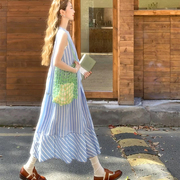 韩系学院风蓝白条纹(白条纹，)背心连衣裙2024夏季小个子艺术生撞色垂感长裙