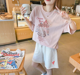 兔美善韩国女装23夏新 洋气粉嫩生日蛋糕熊字母印花减龄T恤