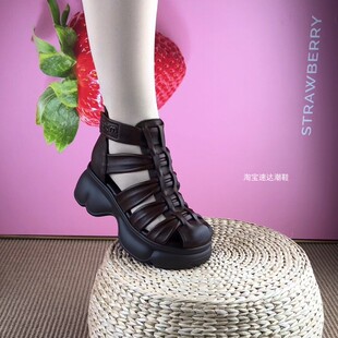 牛皮罗马凉鞋女2025夏季新款真皮包头厚底镂空女鞋高帮妈妈猪笼鞋