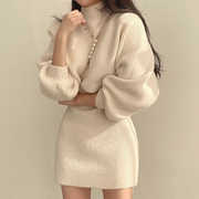 韩国chic秋季减龄气质高领灯笼袖，针织毛衣+短款百搭连衣裙套装女