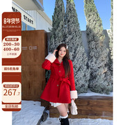 椰子伊1千金感斗篷，红色收腰毛呢，外套女冬季圣诞战袍毛领大衣