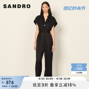 SANDRO Outlet女装春季时尚阔腿收腰黑色短袖连体长裤SFPCO00189