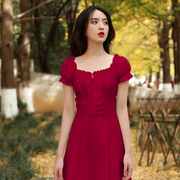春夏季法式复古红色连衣裙短袖桔梗裙显瘦打底裙子气质少女赫本风